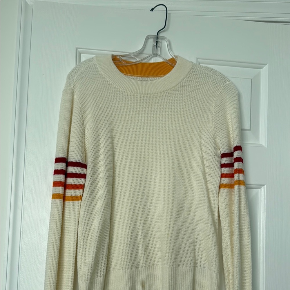 Faherty Cream Sweater with Red and Orange Stripes
